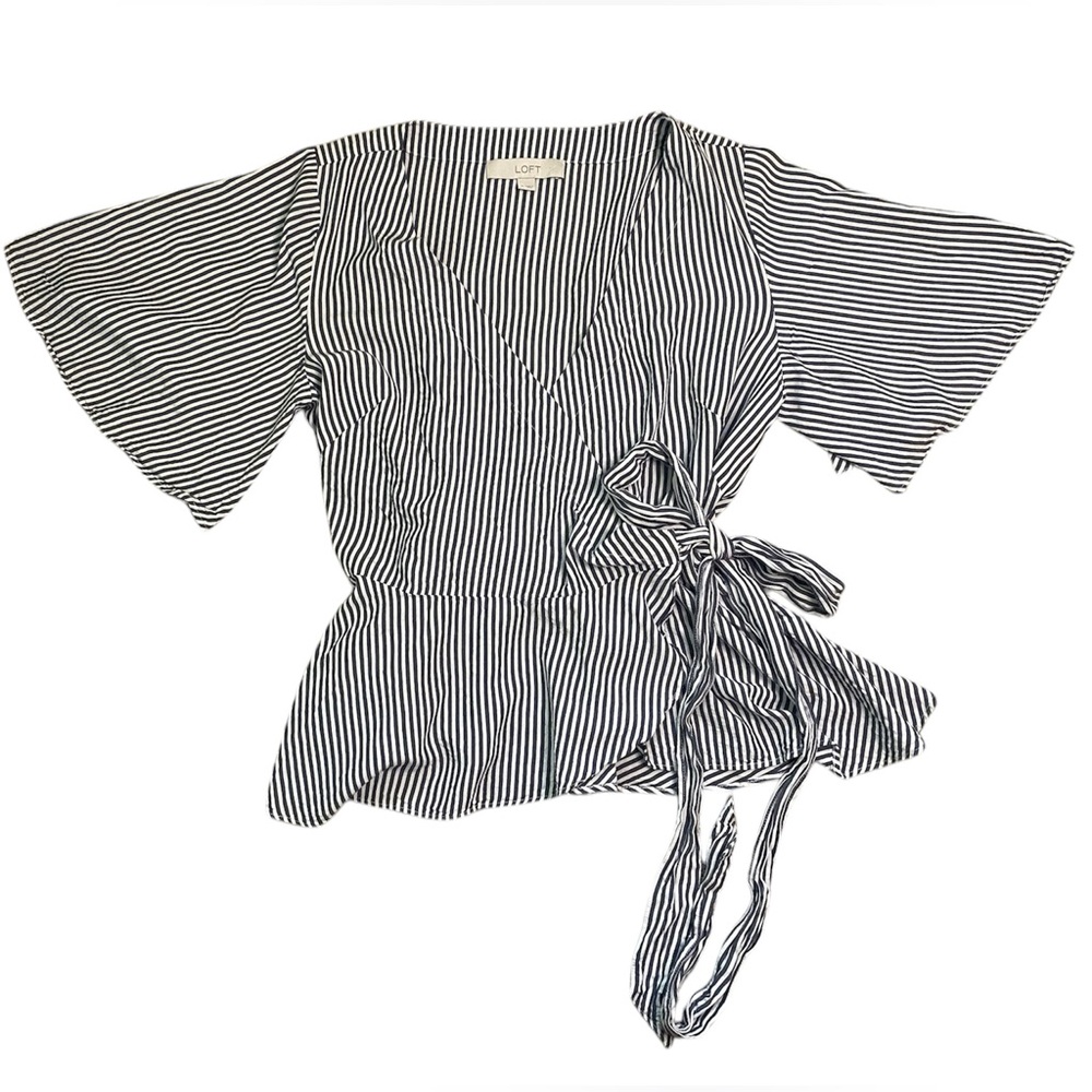 LOFT Navy and White Striped V-Neckline Short Sleeve Wrap Blouse - Picture 2 of 5